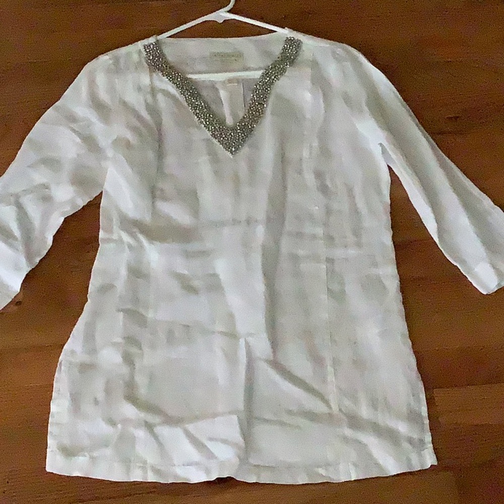 Cynthia Rowley White 100% Linen Top with Silver Detailing sz S Tunic Length